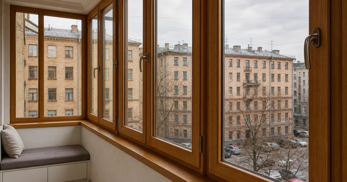 Деревянные окна на светлой городской лоджии